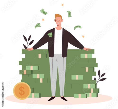 Businessman and money concept. Successful entrepreneur or investor with banknotes and golden coins. Financial literacy and passive income. Wealth and luxury. Cartoon flat vector illustration