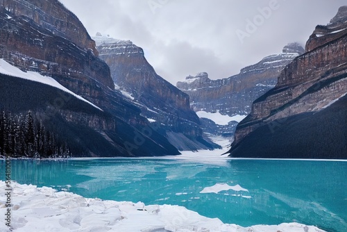 A photo of Lake Louise in Alberta, Canada in the winter, showcasing the stunning natural beauty of the area. photo