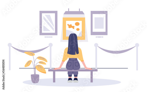 Favorites art concept. Woman sits on bench in front of work of art, painting. Intelligent and cultural rest. Character in museum and on exhibition in gallery. Cartoon flat vector illustration