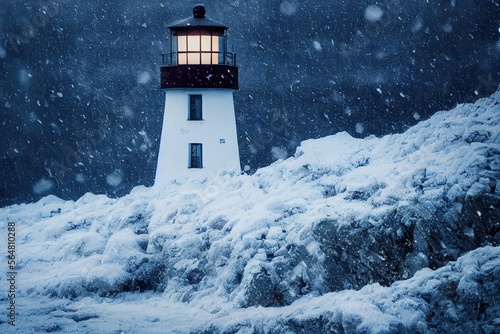 A photo of a lighthouse covered in snow, creating a frosty winter scene.