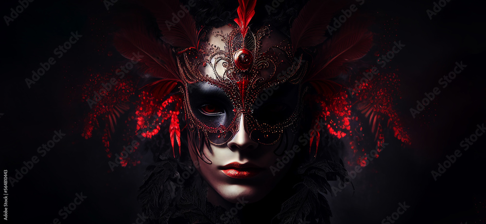 Carnival banner mardi gras young person wearing venetian mask looking at camera portrait copy space. Generative AI Carnival banner mardi gras young person wearing venetian mask looking at camera portrait copy space. Generative AI
