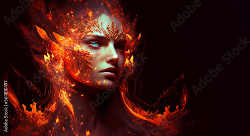 Fire element woman goddess fantasy human representation. Generative AI model