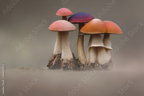 Soft colors mushrooms on neutral background, generative ai illustration with copy space