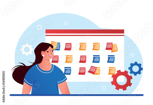 Woman with calendar. Young girl planning, metaphor for organizing efficient workflow and time management. Hardworking employee or entrepreneur. Poster or banner. Cartoon flat vector illustration