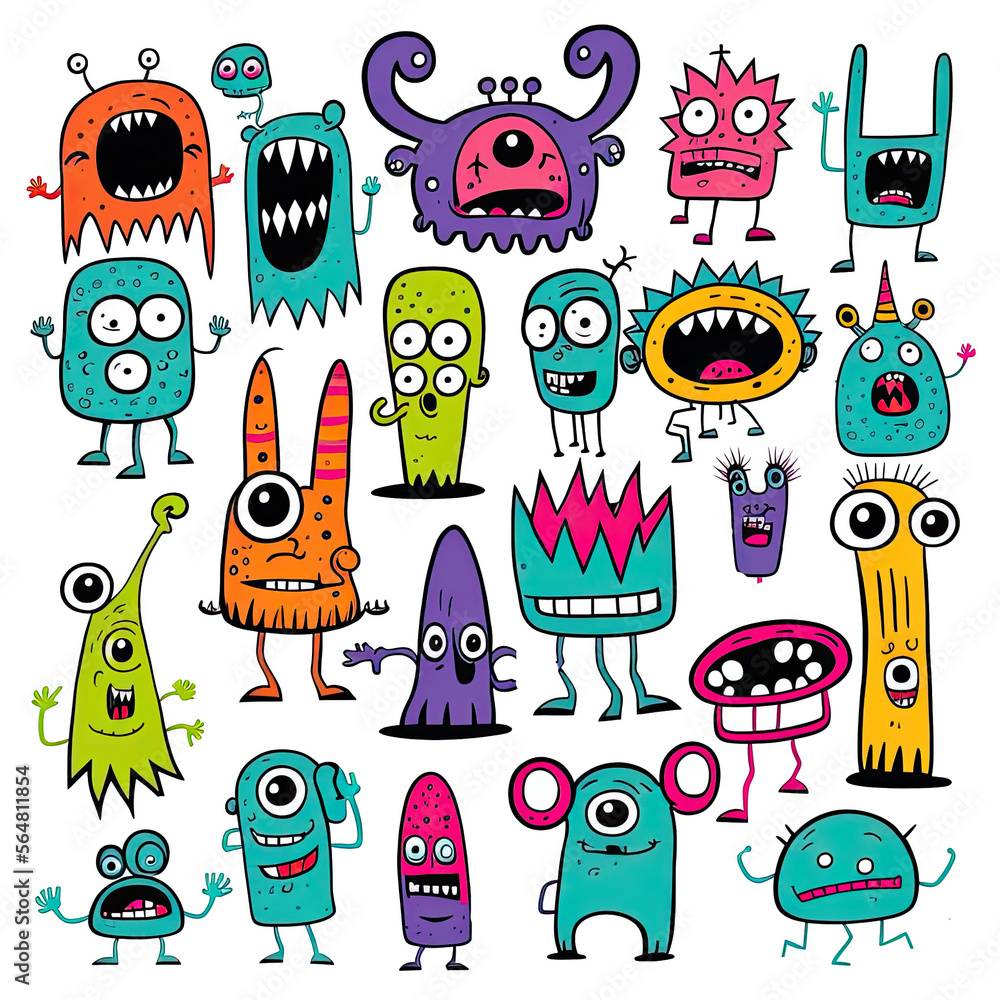 set of colorful cartoon creatures and monsters illustration sprite flash sheet style on transparent background, Generative AI