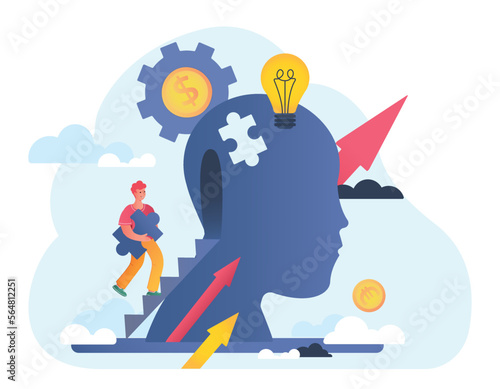 Self development concept. Man with puzzle in hand enters abstract silhouette of head. Logical thinking and mental health. Positivity and optimism, idea and insight. Cartoon flat vector illustration