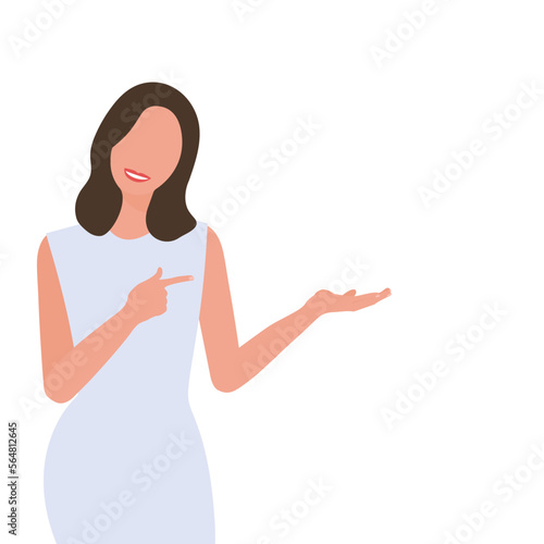 Vector pretty woman pointing to the left with finger and showing something in her palm in left side of the picture in white dress. Flat style illustration with smiling girl 