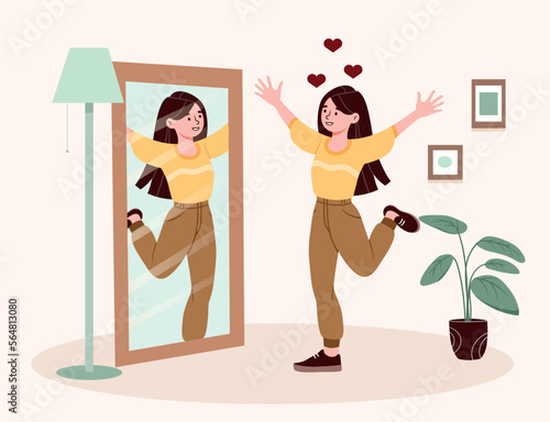 Woman and mirror. Young girl looks at her reflection. Optimism and positivity, mental health and psychology. Self acceptance metaphor. Love for body concept. Cartoon flat vector illustration