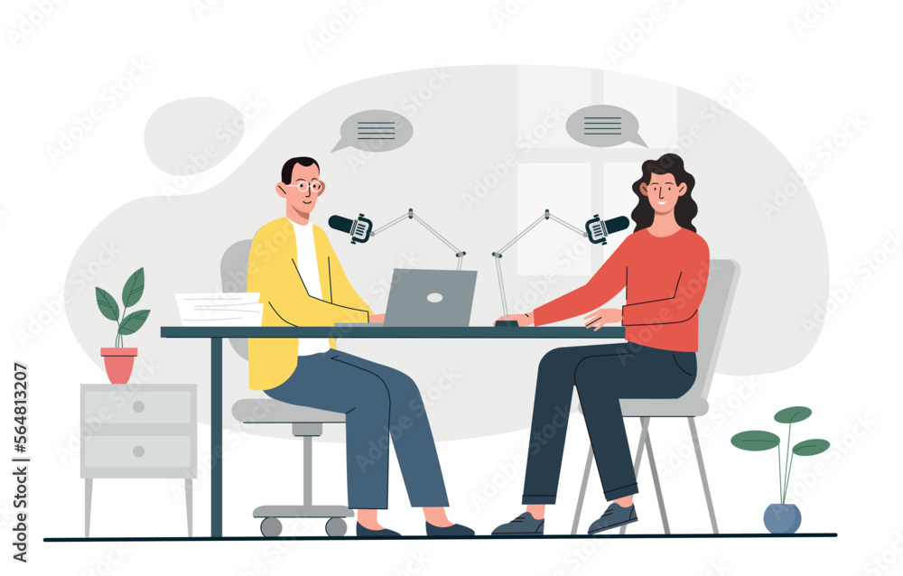 Audio podcast concept. Man and woman with microfoams and laptops sitting in studio. Production of interesting and highquality content. Radio leads and hosts at work. Cartoon flat vector illustration