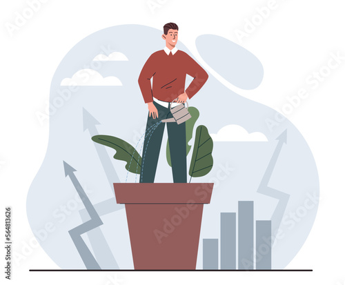 Man watering plants. Successful entrepreneur and investor. Guy with flower against background of growing graphs and charts. Working with statistics and information. Cartoon flat vector illustration