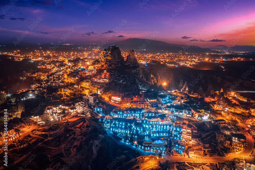 Night landscape with star Ancient town of Uchisar castle at sunset, Cappadocia Turkey