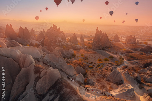 Beautiful landscape Cappadocia stone and old cave house with horse tour and hot air balloons in Goreme national park. Concetp Turkey travel banner