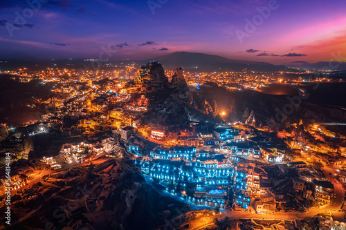 Night landscape with star Ancient town of Uchisar castle at sunset, Cappadocia Turkey