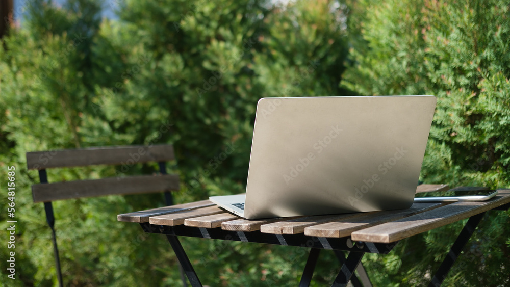 Fototapeta premium Laptop computer on wooden table with blurred nature view and sunlight in background