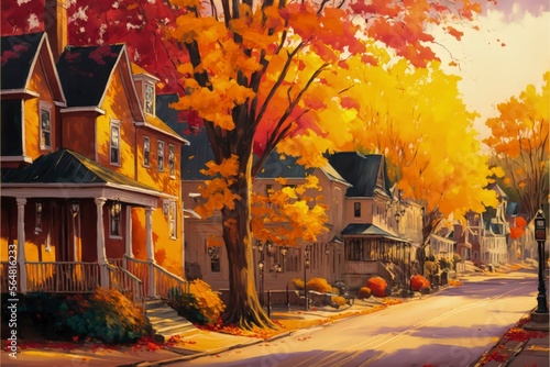 autumn street in the city, oil painting, generative AI