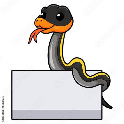 Cute black copper rat snake cartoon with blank sign