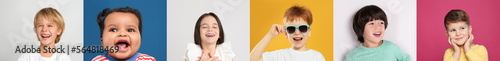 Collage with portraits of happy children on different color backgrounds