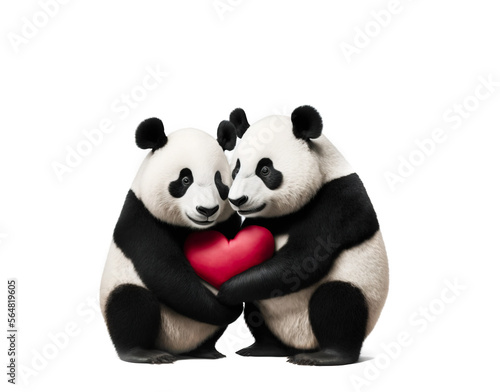 Valentines day panda bears celebrating valentines day together. Black and white bears holding a red heart and expressing love holding each other. Cute generative ai image on a white background. © touchedbylight