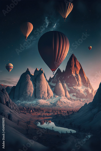 a group of hot air balloons flying over a mountain  scenery  art illustration