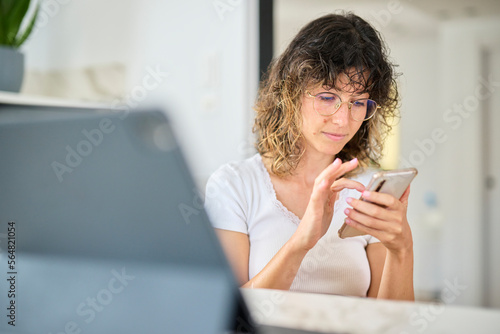 Woman read email on phone. photo