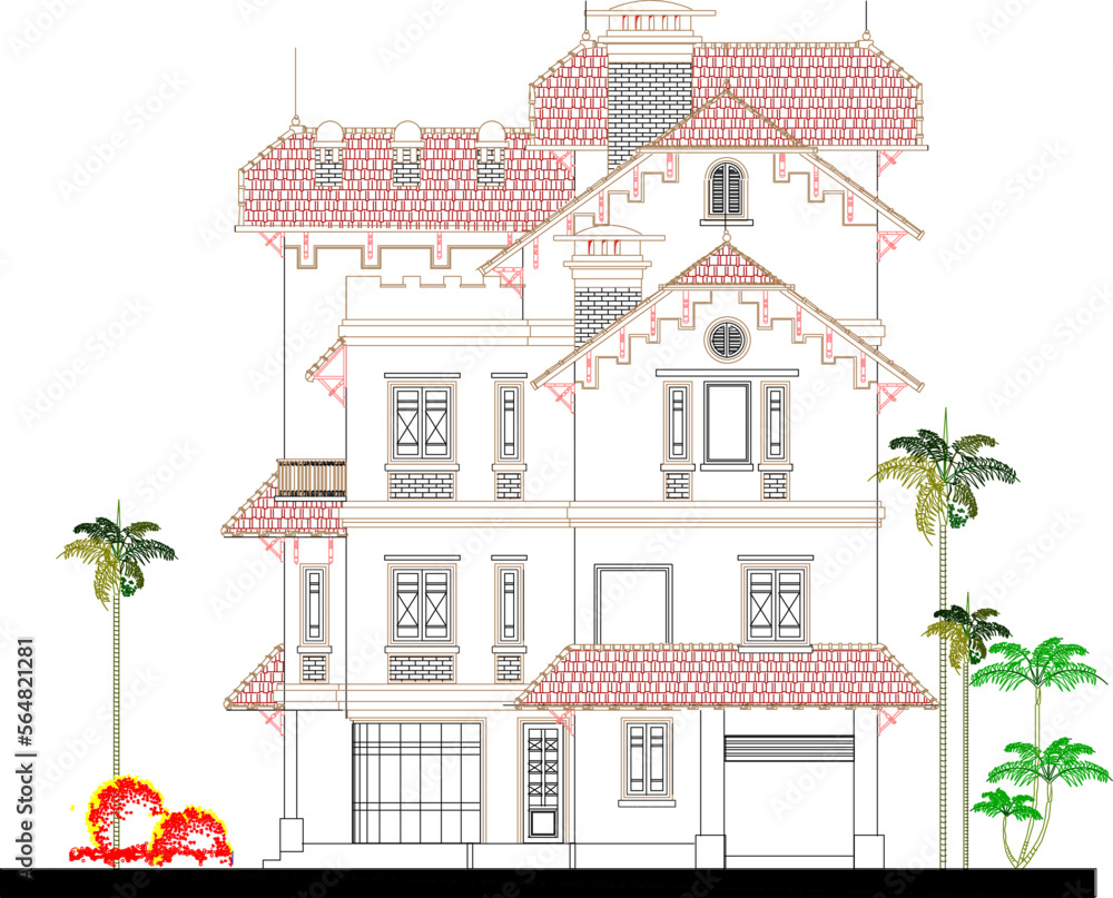 Fototapeta premium vector sketch of vintage and classic multi-storey barbie house illustration