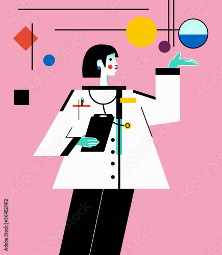 Woman Doctor doing research. Professional Medical Woman searching, job, idea. Analysis, finding answer, inspection, Healthcare concept. Flat vector illustration isolated. (ID: 564821412)