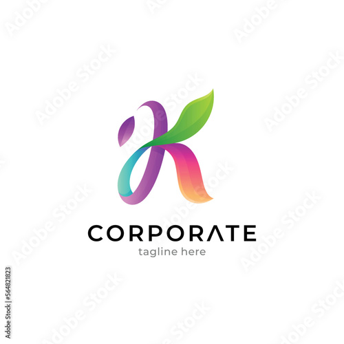 Gradient logo template letter k and leaf