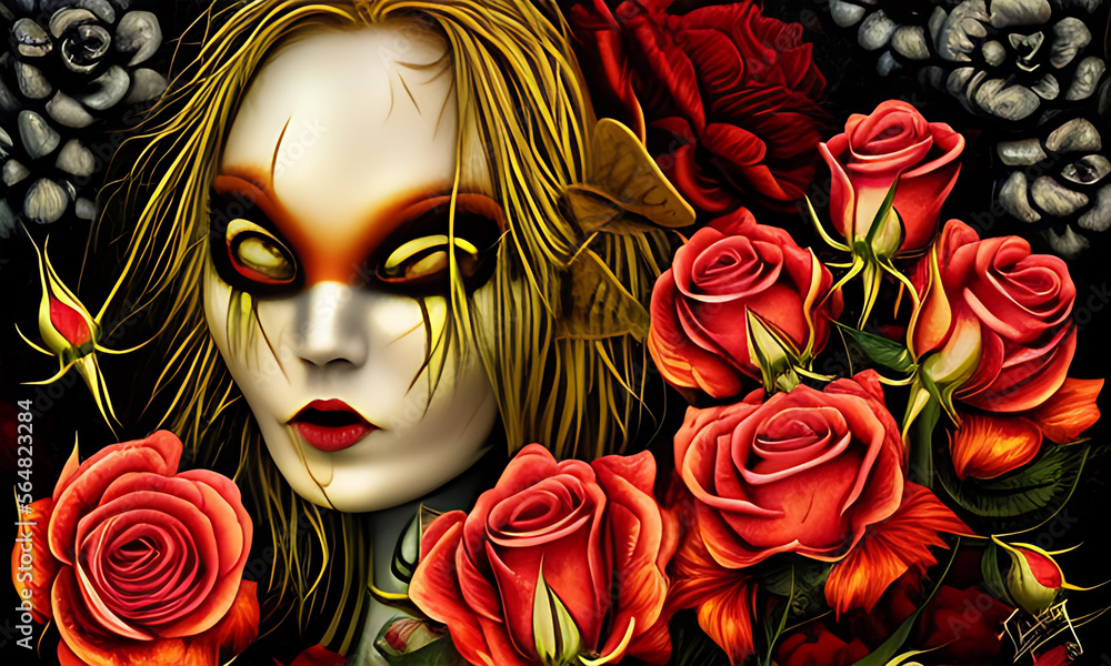 Generative AI : Scarecrow series - dark illustration of lady goth scarecrow with roses
Generative AI : Scarecrow series - dark illustration of lady goth scarecrow with roses
