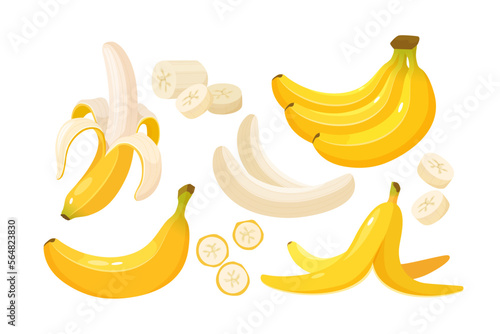 Banana set. Whole, half, peeled bananas, bunches, and slices of fruits isolated on white background