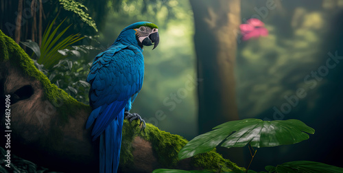 Blue Macaw. beautiful photography of a blue macaw in a jungle. Generative AI photo