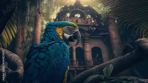 Blue Macaw. beautiful photography of a blue macaw in a jungle. Generative AI
