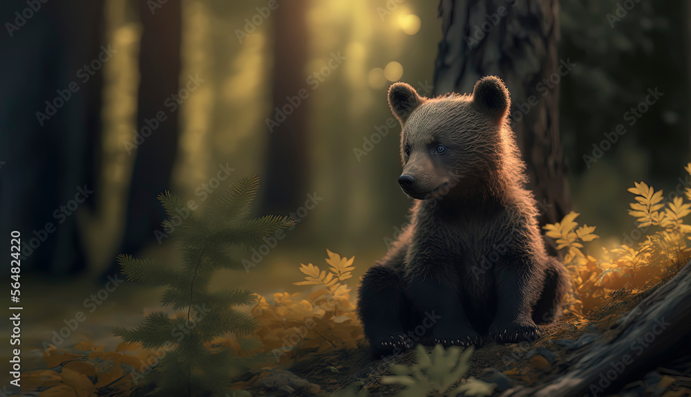 Baby Bear in the forest, photography of a Bear in a Forest. Generative AI