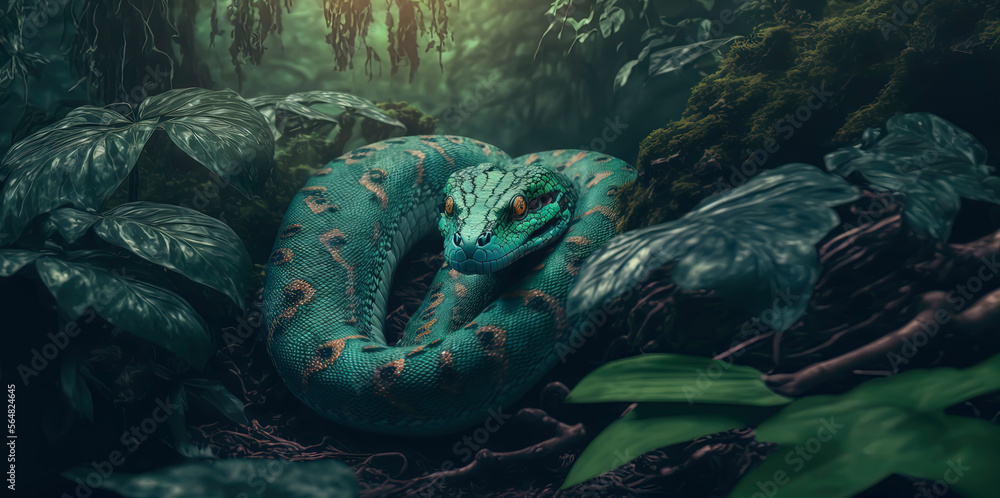 Emerald Boa in the jungle, photography of a Emerald boa in a jungle. Generative AI