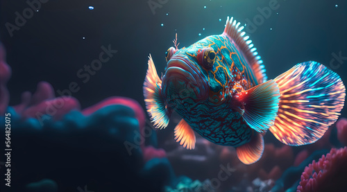 Mandarin fish in the ocean, photography of a mandarin fish in the sea. Generative AI © Lemart