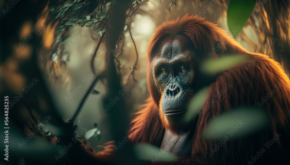 Orangutan, photography of a orangutan in a jungle. close-up. Generative AI