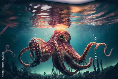 Octopus in the ocean, photography of a octopus in the sea. Generative AI