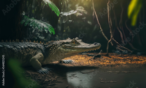 Orinoco Alligator, photography of a Alligator in a jungle. close-up. Generative AI photo