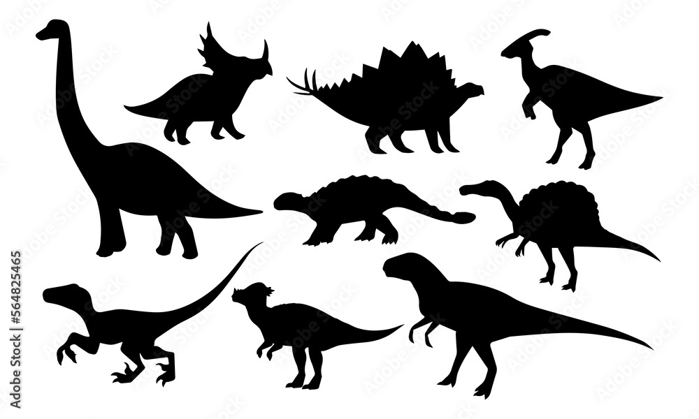 Dinosaurs and Jurassic dino monsters icons. Vector silhouette of triceratops or T-rex, brontosaurus or pterodactyl and stegosaurus, pteranodon or ceratosaurus and parasaurolophus reptile