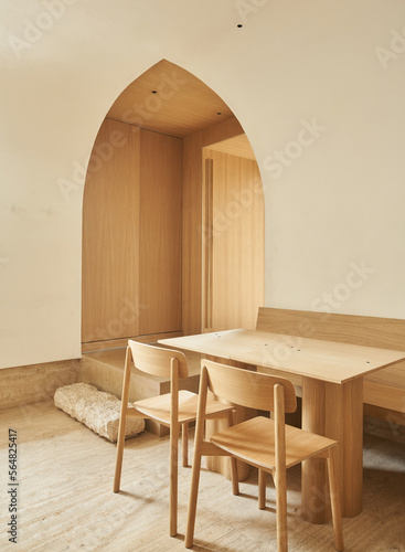 Lumber chairs and tables in modern restaurant