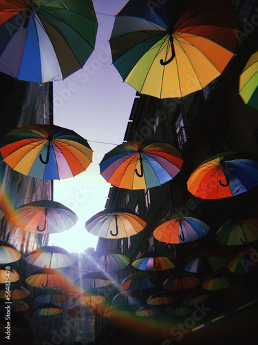 Rainbow coloured Umbrellas on Lisbon street 