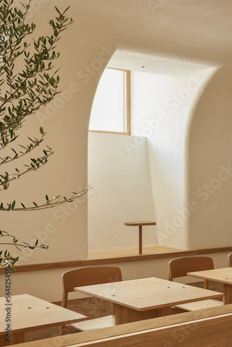 Lumber chairs and tables near potted tree