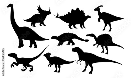Fototapeta Naklejka Na Ścianę i Meble -  Dinosaurs and Jurassic dino monsters icons. Vector silhouette of triceratops or T-rex, brontosaurus or pterodactyl and stegosaurus, pteranodon or ceratosaurus and parasaurolophus reptile