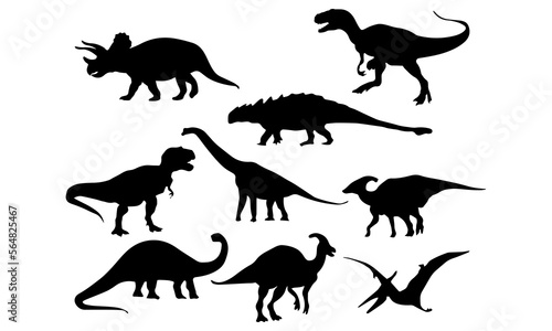 Dinosaurs and Jurassic dino monsters icons. Vector silhouette of triceratops or T-rex, brontosaurus or pterodactyl and stegosaurus, pteranodon or ceratosaurus and parasaurolophus reptile © Jazz Allen