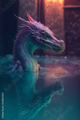 Dragon swimming in a pool with turquoise water. Generative AI © Lemart