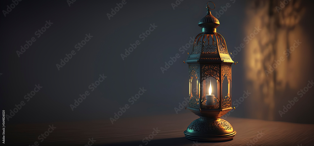 Arabic lantern with burning candle, Generative AI