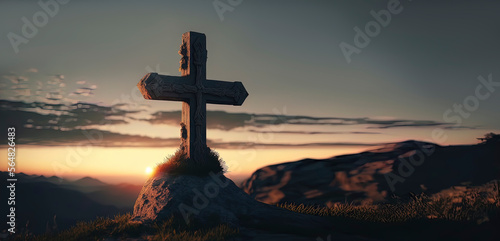 the cross of christ on top of the mountain with beautiful sunset in the background. Generative AI © Lemart