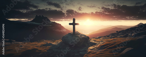 the cross of christ on top of the mountain with beautiful sunset in the background. Easter. Panoramic. Generative AI © Lemart