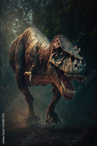 furious T-REX running in action on the jungle. Generative AI