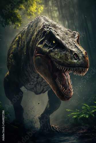 dinosaur with its mouth open walking through a forest. T-rex. Generative AI