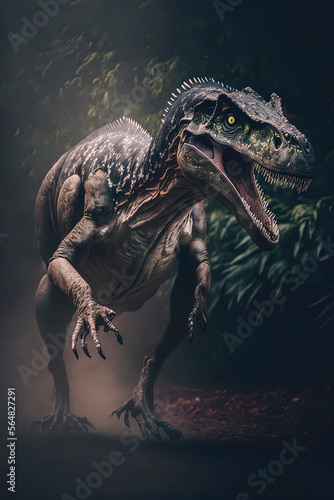 furious velociraptor running in action on the jungle, close up. Generative AI © Lemart